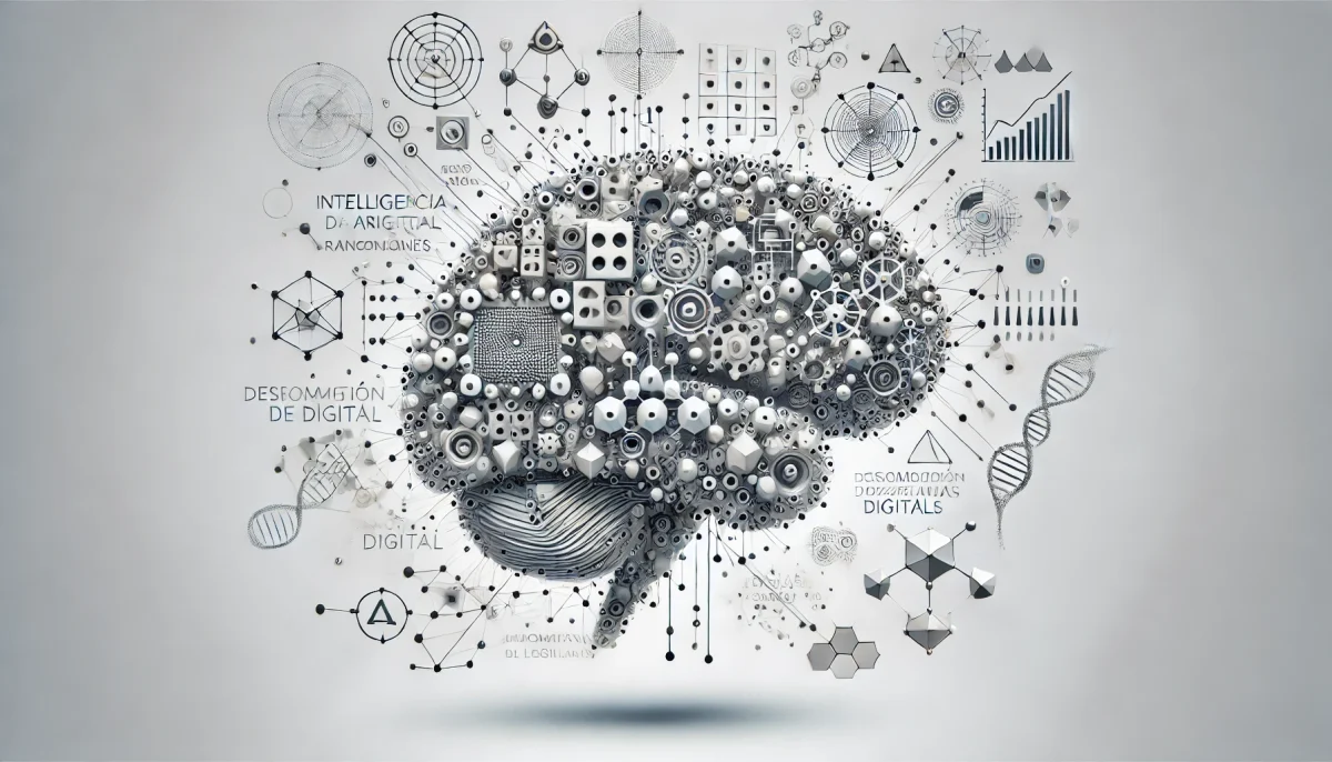 Cerebro digital flotante dividido en fragmentos interconectados con símbolos geométricos, representando la optimización del razonamiento en inteligencia artificial.