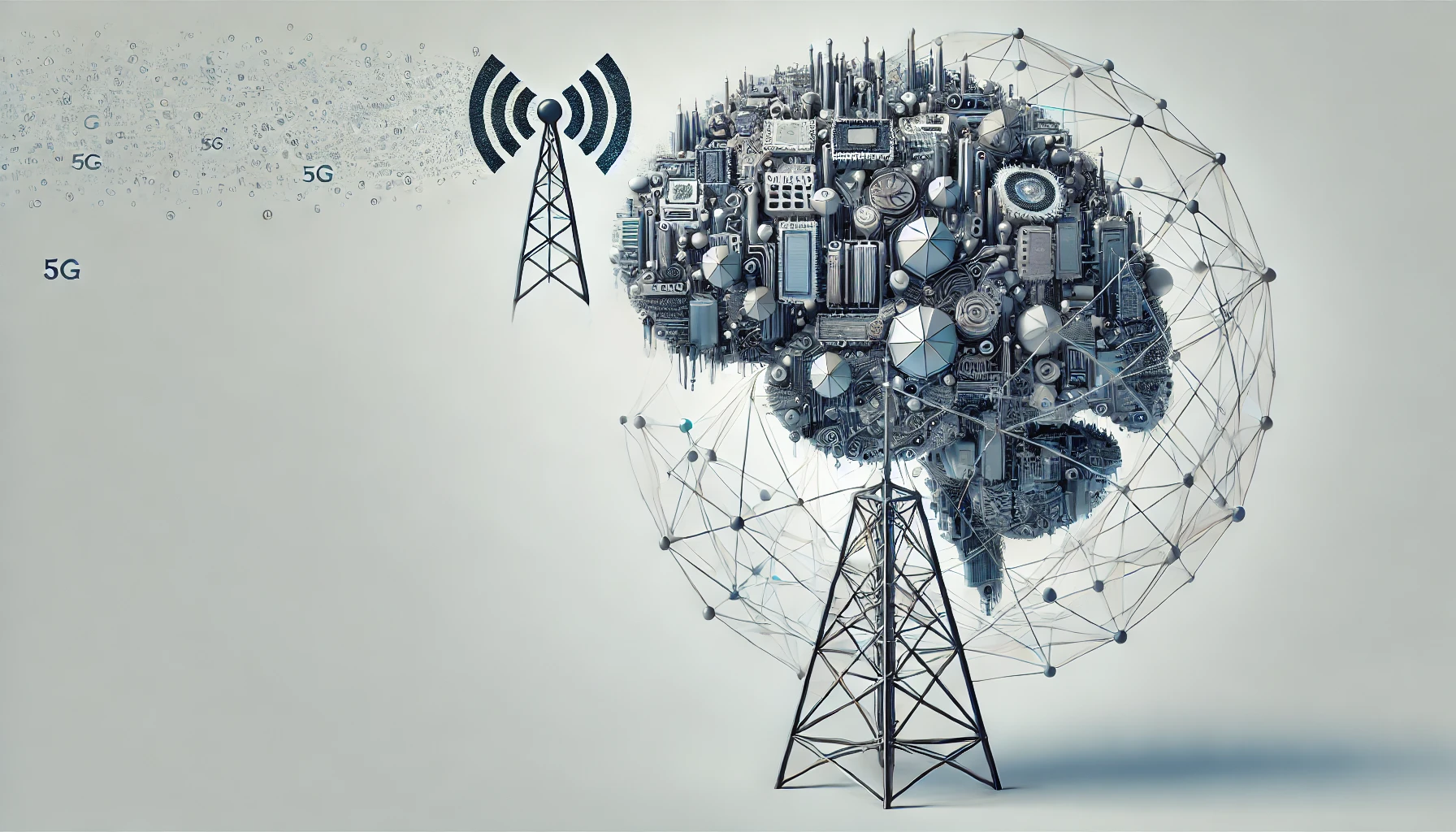 Ilustración surrealista y minimalista de una antena de telecomunicaciones flotante conectada a redes neuronales de IA para optimizar RAN en 5G y 6G.