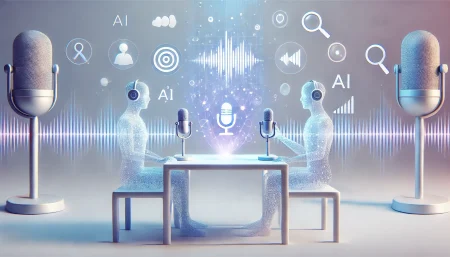 Imagen conceptual surrealista y minimalista de dos figuras geométricas representando inteligencias artificiales, conversando a través de micrófonos conectados por ondas sonoras, mientras un documento holográfico emerge de una tablet, simbolizando un informe generado por la función Deep Research de Google Gemini para crear podcasts automatizados.