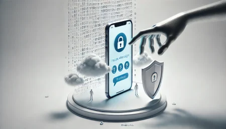 Ilustración minimalista surrealista que representa la privacidad y los riesgos en el uso de apps de mensajería cifrada como Signal