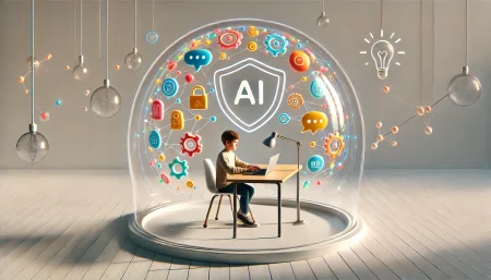 Ilustración subrealista y minimalista de un estudiante protegido por una cúpula de cristal mientras usa un portátil con IA en un entorno educativo. Representa la protección de datos en Google Workspace for Education con Gemini.