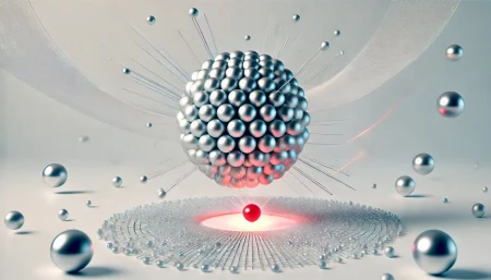 Imagen conceptual minimalista que representa la reacción nuclear 94Sr(α,n)97Zr del proceso r-débil, clave en la formación de elementos pesados en astrofísica y en el diseño de reactores nucleares. Incluye elementos como estroncio-94, una partícula alfa, un neutrón y nanomateriales de silicio con helio.