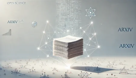Imagen conceptual que representa el impacto de arXiv en la distribución del conocimiento científico abierto, con papeles flotantes, conexiones globales y estética limpia sobre fondo blanco. Ideal para contenidos sobre repositorios científicos, preprints y acceso libre al conocimiento.