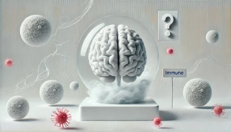 Imagen conceptual minimalista que ilustra la nueva teoría del Alzheimer como una enfermedad autoinmune. El cerebro transparente flota sobre fondo blanco mientras células inmunitarias atacan por error a neuronas frágiles, simbolizando el fallo del sistema inmune cerebral.