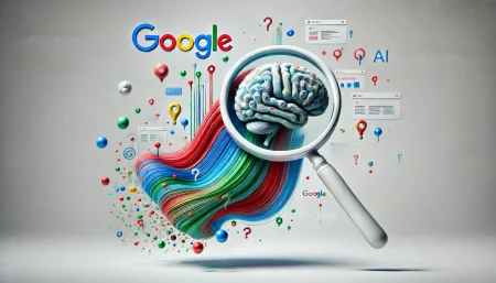 Ilustración digital minimalista sobre fondo blanco que simboliza cómo funciona Google AI Overviews, con una lupa que se transforma en un flujo de datos con forma de cerebro, rodeada de iconos de preguntas y sitios web. Expresa la simplicidad y poder de la nueva búsqueda con inteligencia artificial.