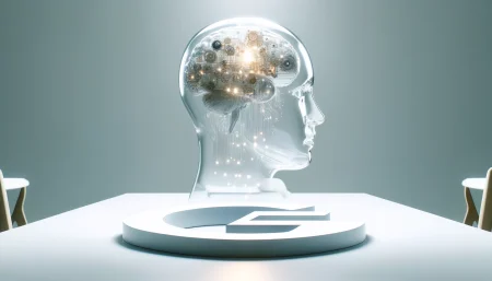 Imagen conceptual y minimalista en fondo blanco que simboliza la inteligencia artificial de Google Gemini 2.5 Pro. Representa un cerebro de cristal con circuitos y engranajes flotando sobre una mesa junto al logo de Google transformándose en código digital. Ideal para contenidos sobre IA avanzada, modelos de lenguaje y Google AI Studio.