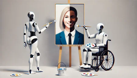 Imagen conceptual que representa los sesgos en inteligencia artificial generativa, mostrando a un robot confundido al pintar una figura humana dividida entre estereotipos de género, raza y discapacidad. La escena minimalista refleja el conflicto de las IA como Sora al interpretar la diversidad humana desde datos limitados.