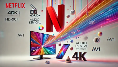 Ilustración surrealista y minimalista que representa la transmisión de Netflix en formato HDR10+ utilizando el códec AV1. La imagen muestra un televisor y un smartphone modernos con colores vibrantes y tecnología 4K, rodeados de íconos de streaming eficiente. Fondo blanco limpio para resaltar la calidad y eficiencia del video en dispositivos compatibles.