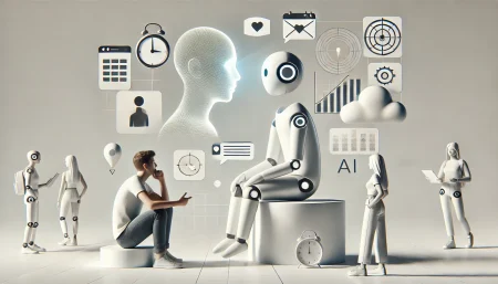 Ilustración conceptual y minimalista que representa la seguridad digital de adolescentes en plataformas de inteligencia artificial como Character AI. Un adolescente interactúa con un personaje de IA mientras un padre observa con un informe en mano, simbolizando la nueva función de supervisión parental.