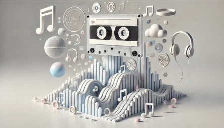 Ilustración surrealista y minimalista que representa la evolución de Napster, con un cassette vintage que se transforma en una onda musical digital rodeada de íconos tecnológicos como notas musicales, avatares y cascos de realidad virtual. Refleja la transición de Napster desde el intercambio de archivos P2P hasta convertirse en una plataforma de música interactiva.