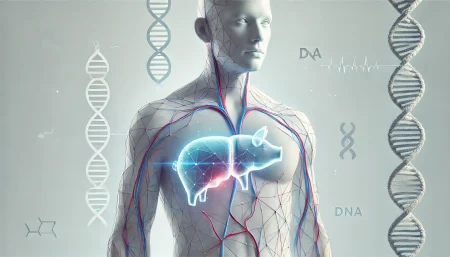 Ilustración subrealista y minimalista de un trasplante de hígado de cerdo genéticamente modificado en un cuerpo humano. Representación visual del avance en xenotrasplantes con fondo blanco, silueta humana y un hígado en forma de cerdo con conexiones vasculares.