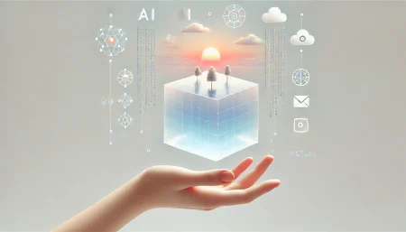 Ilustración digital surrealista y minimalista con fondo blanco que representa una mano sosteniendo un cubo translúcido con un paisaje digital en su interior. La imagen simboliza el nuevo API de xAI para generación de imágenes con inteligencia artificial, destacando la creatividad, la automatización y el poder de los desarrolladores en la era de la IA.