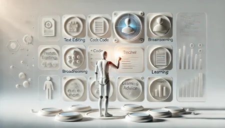 Imagen minimalista y surrealista sobre la creación de asistentes personalizados con inteligencia artificial en Google Gemini. Representa tareas como edición de texto, programación y aprendizaje en un entorno digital limpio, con fondo blanco, ideal para ilustrar artículos sobre los Gems de Google y la evolución de los asistentes IA.