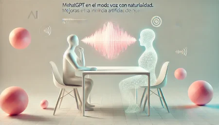 Imagen conceptual surrealista y minimalista de una conversación fluida entre un humano y una inteligencia artificial, representando las nuevas mejoras en el modo de voz de ChatGPT desarrolladas por OpenAI. Fondo blanco, figuras abstractas y ondas sonoras suaves simbolizan una interacción natural.
