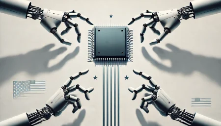 Ilustración surrealista y minimalista sobre la tensión política en la CHIPS Act, con un chip semiconductor siendo estirado en direcciones opuestas.