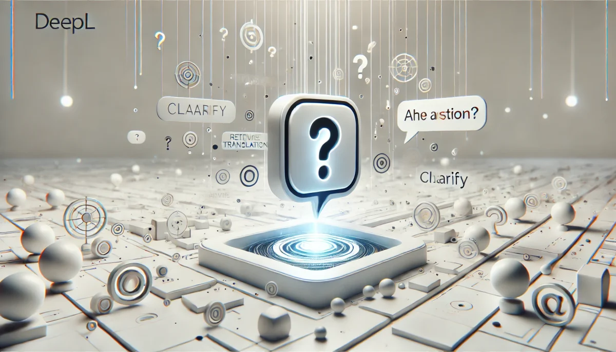 Interfaz digital flotante representando la traducción interactiva de Clarify de DeepL, con burbujas de diálogo y signos de interrogación simbolizando la IA colaborativa