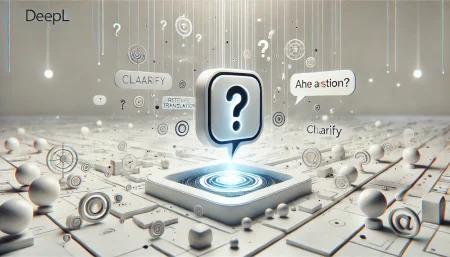 Interfaz digital flotante representando la traducción interactiva de Clarify de DeepL, con burbujas de diálogo y signos de interrogación simbolizando la IA colaborativa