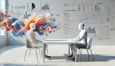 Ilustración digital subrealista y minimalista que representa la comparación entre los asistentes de inteligencia artificial Claude y ChatGPT. La imagen muestra figuras abstractas y un documento flotante, simbolizando su enfoque distinto en generación de contenido, contexto y visualización de datos.