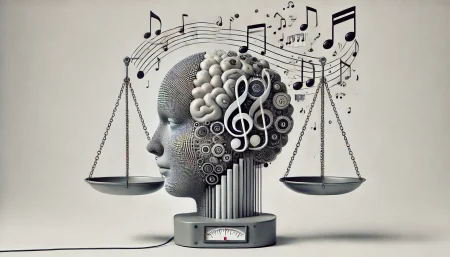 Imagen conceptual en estilo surrealista y minimalista que representa el conflicto legal entre el uso de letras de canciones y el entrenamiento de modelos de inteligencia artificial como Claude. El fondo blanco y los elementos simbólicos refuerzan el debate sobre derechos de autor, uso justo y ética en IA.