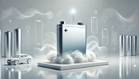 Ilustración minimalista y subrealista que representa un sensor inteligente detectando fugas de gas en una batería de litio, enfocado en la seguridad de dispositivos electrónicos y vehículos eléctricos. Ideal para contenido sobre tecnología de sensores y prevención de incendios en baterías.