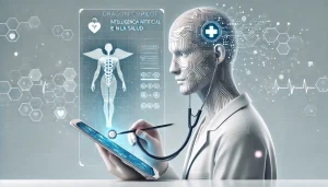 Ilustración minimalista sobre la inteligencia artificial en la salud, mostrando una figura médica abstracta con rostro digitalizado y una tableta holográfica con datos clínicos.