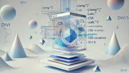 Imagen conceptual minimalista en fondo blanco que representa la integración de funciones CSS como clamp(), calc() y variables CSS en Divi 5, con módulos flotantes de diseño responsivo y una interfaz visual futurista. Ideal para ilustrar artículos sobre diseño web avanzado y herramientas visuales de WordPress."
