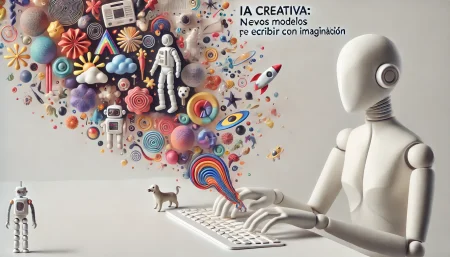 Imagen conceptual de inteligencia artificial generando escritura creativa con modelos de lenguaje como Llama y Mistral, destacando diversidad narrativa con elementos subrealistas como un perro en la Luna y escenas abstractas sobre fondo blanco.