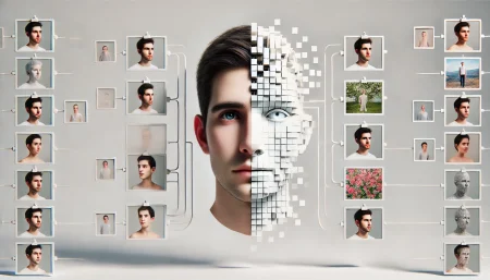 Ilustración conceptual de una cara dividida entre una foto real y una versión generada por inteligencia artificial, con fotos ramificadas que muestran variaciones falsas del mismo rostro.