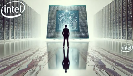 Imagen surrealista y minimalista representando al nuevo CEO de Intel, Lip-Bu Tan, con un microchip futurista.