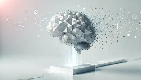 Representación surrealista y minimalista de la precisión en inteligencia artificial, con un cerebro futurista construido con formas geométricas flotando sobre un fondo blanco.