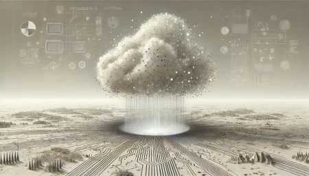 "Ilustración surrealista y minimalista de una nube digital flotante con datos interconectados proyectando información climática sobre la Tierra, representando el uso de inteligencia artificial en la predicción meteorológica."