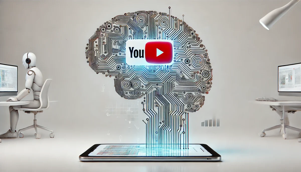 Ilustración minimalista y surrealista de inteligencia artificial analizando un video de YouTube, con un cerebro digital conectado a una pantalla flotante.