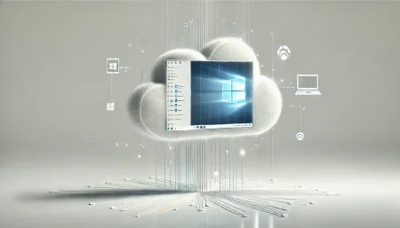 Imagen conceptual sobre la transición de Microsoft Remote Desktop a la nueva aplicación de Windows, representada con una interfaz flotante en la nube y líneas digitales conectando distintos dispositivos. Simboliza la evolución hacia soluciones de escritorio remoto basadas en la nube.