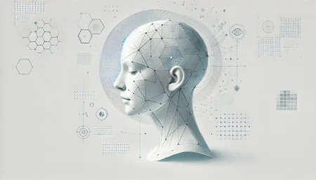 Ilustración surrealista y minimalista de una cabeza futurista con circuitos y símbolos matemáticos, representando la inteligencia artificial o1-pro de OpenAI, diseñada para el razonamiento avanzado. Fondo blanco y estilo tecnológico limpio.