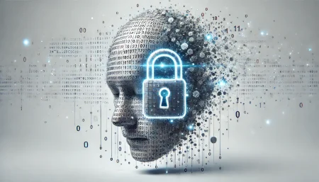 Imagen conceptual de privacidad y seguridad en inteligencia artificial con un rostro digital y un candado flotante.