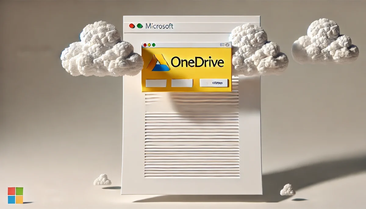 Ilustración minimalista y surrealista de un documento de Word con una barra de notificación amarilla publicitaria de OneDrive.