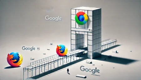 Ilustración minimalista y surrealista de un zorro representando a Mozilla Firefox sobre un puente frágil frente a una estructura abstracta que simboliza el monopolio publicitario de Google.