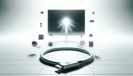 Ilustración subrealista y minimalista de un cable GPMI conectando un portátil a un monitor 8K, simbolizando transmisión de energía, datos y video en un solo cable