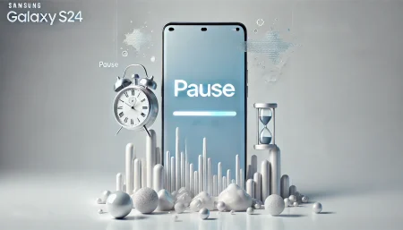 Ilustración surrealista y minimalista sobre la actualización pausada de One UI 7 en móviles Samsung Galaxy. Un smartphone moderno flota con un ícono de pausa y barras de descarga congeladas, simbolizando el error y la espera.