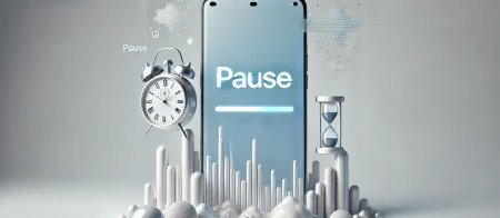Ilustración surrealista y minimalista sobre la actualización pausada de One UI 7 en móviles Samsung Galaxy. Un smartphone moderno flota con un ícono de pausa y barras de descarga congeladas, simbolizando el error y la espera.