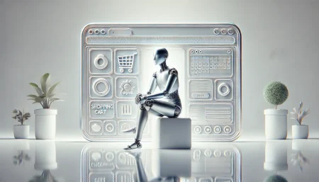 Imagen conceptual surrealista y minimalista que representa a Nova Act, el agente de inteligencia artificial de Amazon, gestionando tareas automatizadas en un entorno de navegador web con fondo blanco y estética tecnológica limpia.