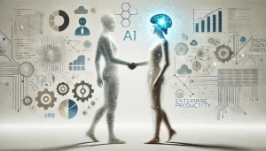 Ilustración minimalista de un humano digital saludando a un agente de IA, simbolizando la colaboración entre humanos y empleados digitales