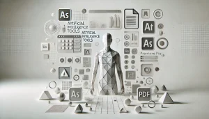 Ilustración surrealista y minimalista de agentes de inteligencia artificial trabajando con herramientas Adobe como Photoshop y Acrobat