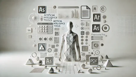 Ilustración surrealista y minimalista de agentes de inteligencia artificial trabajando con herramientas Adobe como Photoshop y Acrobat