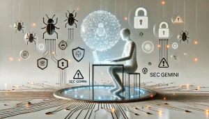 Ilustración surrealista de un asistente de inteligencia artificial analizando amenazas digitales con Sec Gemini sobre fondo blanco.