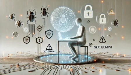 Ilustración surrealista de un asistente de inteligencia artificial analizando amenazas digitales con Sec Gemini sobre fondo blanco.