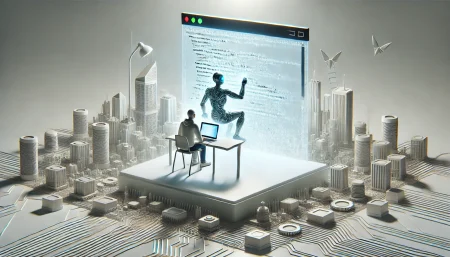 Ilustración surrealista de un robot y un humano programando juntos usando inteligencia artificial