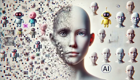 Ilustración surrealista de un rostro humano dividido entre carne y píxeles, rodeado de avatares animados por IA