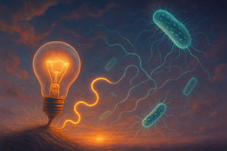 Ilustración surrealista de bacterias conductoras de electricidad conectadas a una bombilla en un atardecer.