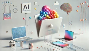 Ilustración subrealista y minimalista de una biblioteca de imágenes en ChatGPT con fondo blanco y elementos tecnológicos conectados.